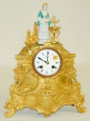 French Dore Porcelain Doll Statue Clock