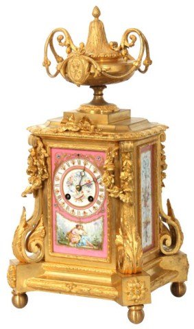 French Dore Bronze & Porcelain Mantle Clock