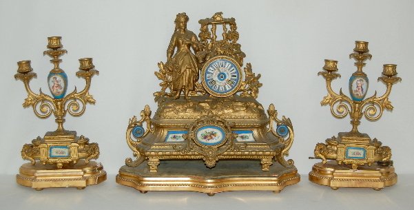 French Japy Freres Garniture Clock Set, 3 Piece