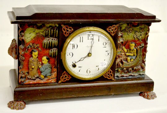 Ingraham Oriental Motif Wood Mantel Clock