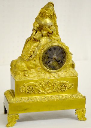 French Gilt Bronze Silk String Clock w/Lady