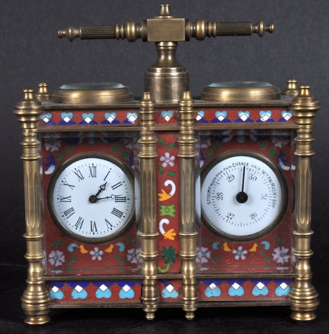 A BRASS AND CLOISONNE ENAMEL CLOCK AND BAROMETER