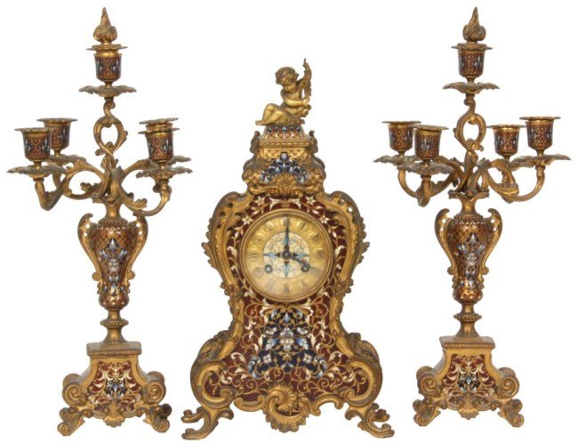 Japy Freres 3 Pc. Champleve Clock Set