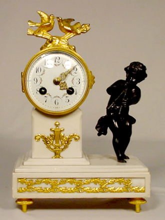 French Doré Bronze & Marble Figural Clock