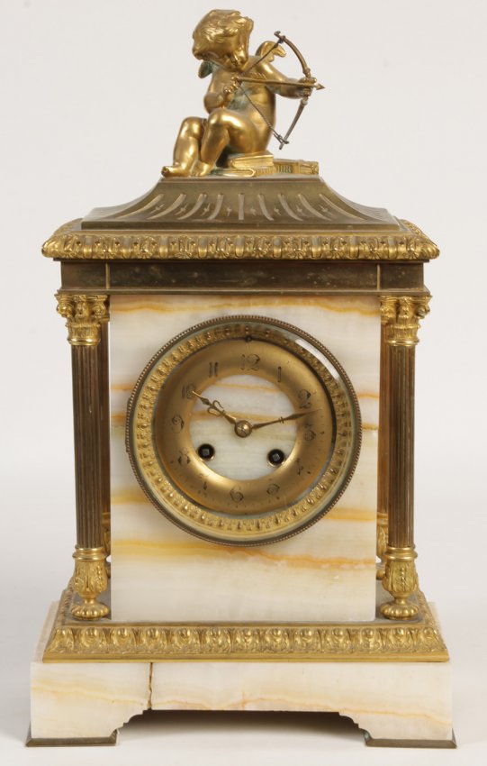 DORE BRONZE WHITE MARBLE FRENCH MANTLE CLOCK 1870