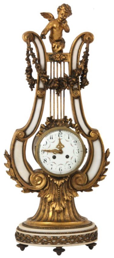 French Marble & Bronze Lyre Mantle Clock