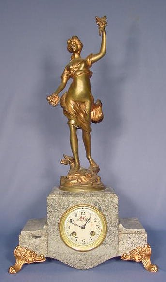 Art Nouveau Bronze and Marble Statue Clock