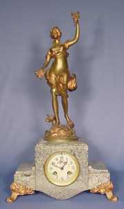 Art Nouveau Bronze and Marble Statue Clock