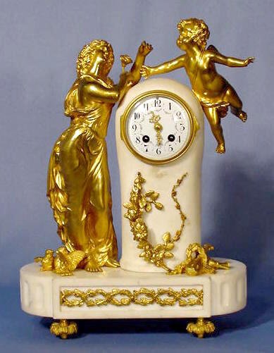 Figural French Dore Bronze and Marble Clock