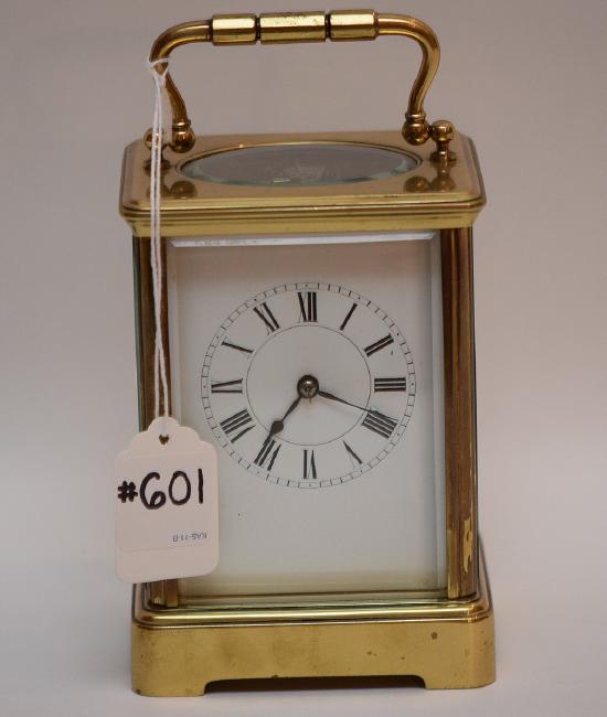 Brass Carriage Clock with swing handle.  The enamel