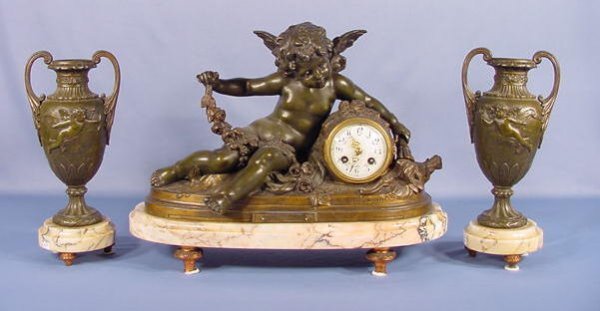 French Spelter & Marble Clock w/Matching Vases
