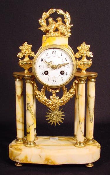 Fr. Marble, Spelter Clock w/6 Pillars & Lovebirds