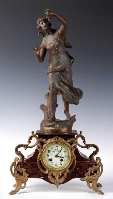 A 19TH C. FRENCH SPELTER AND MARBLE STATUE CLOCK