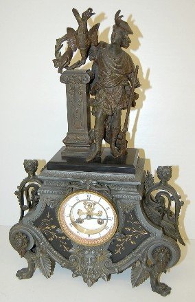 French Marble & Bronze Hunter Statue Clock
