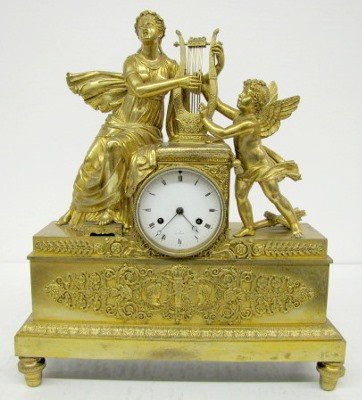 French Empire Dore Bronze Lady & Cherub Clock