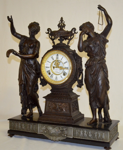 Antique Ansonia “Muses” Enameled Iron Double Statue Clock
