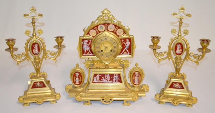 Antique French Japy Freres Porcelain Panel Garniture Set