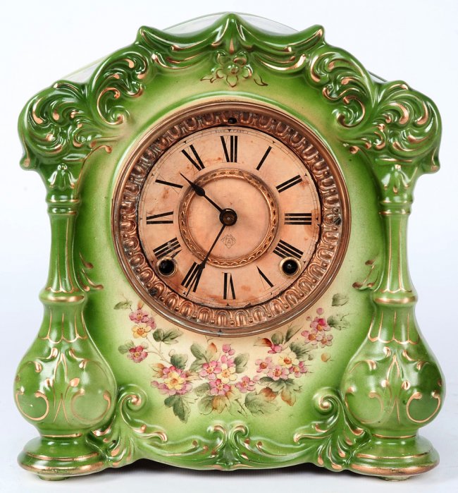 AN ANSONIA CHINA CASE MANTEL CLOCK