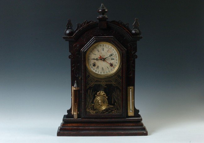 WATERBURY SHELF CLOCK WITH BAROMETER AND THERMOMETER