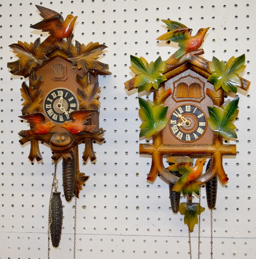 2 German Carved and Painted Cuckoo Clocks