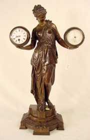 French Patinated Spelter Statue Clock & Baro