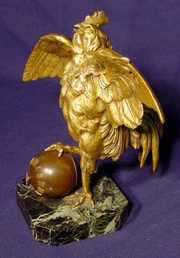 French Bronze Rooster & Marble Table Clock