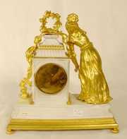 French Doré Bronze & Bisque Figural Clock