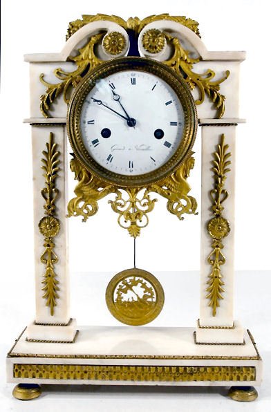 French Marble & Bronze Column Silk String Clock