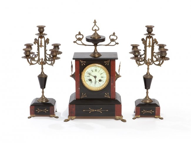 Mantel Clock with Two Candlesticks, France, around 1880