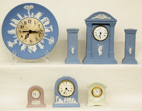 5 Wedgwood Clocks & Pair of Candlesticks