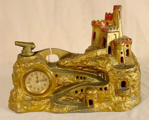 New Haven Metal Figural Castle & Cannon Clock