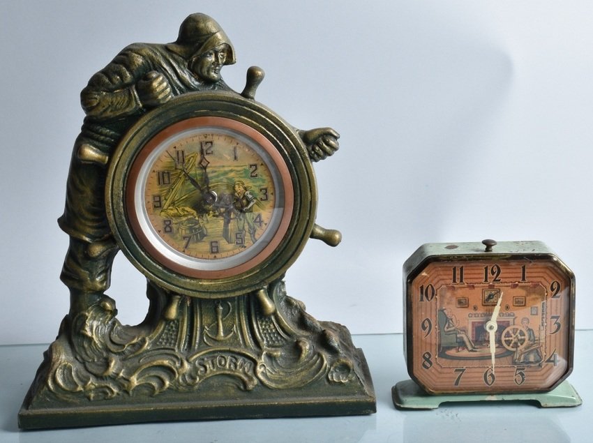 2- ANIMATED CLOCKS, SAILOR & SPINNING WHEEL