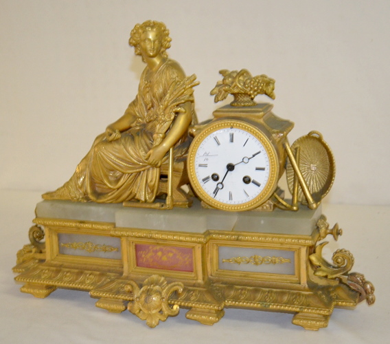 Antique French Japy Bros. Onyx and Metal Statue Clock