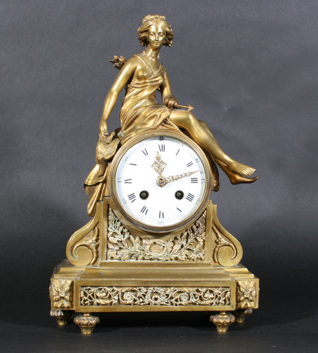 FRENCH DORE BRONZE MANTLE CLOCK HUNTRESS C.1870