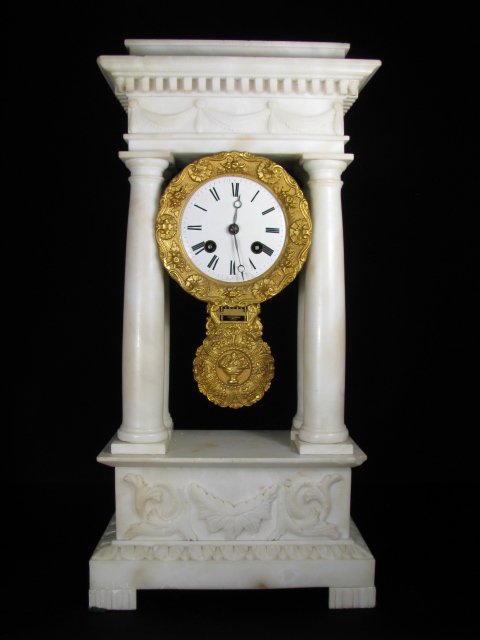 FRENCH CARVED ALABASTER PORTICO CLOCK