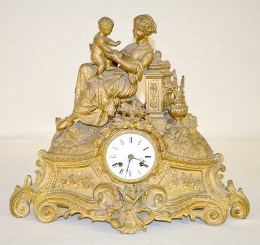 Antique French Japy Freres Statue Clock, Mother with Child