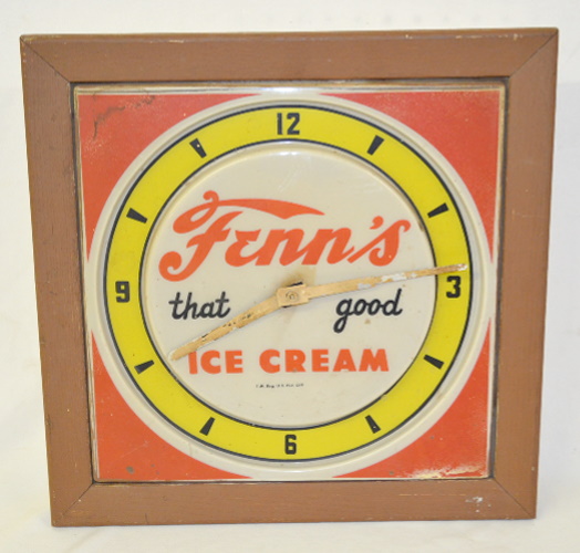 Vintage Lighted Advertising Clock, “Fenn’s Ice Cream”