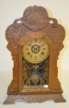 Antique Waterbury Pressed Oak Kitchen Clock with Alarm