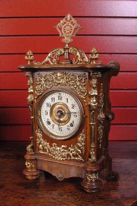 ANSONIA CABINET B OAK MANTEL CLOCK WITH BRASS MOUNTS