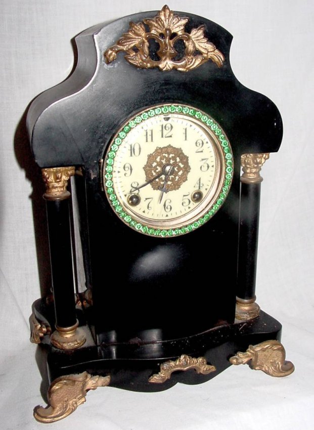 New Haven Iron Mantle Clock Green Rhinestones