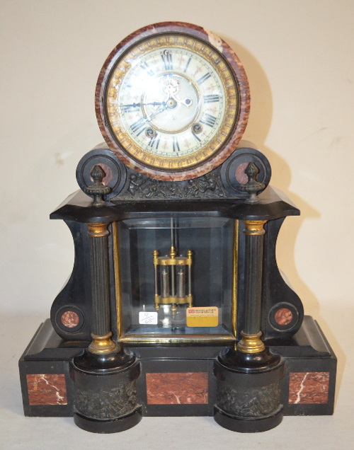 Antique Ansonia Slate and Red Marble Mantel Clock