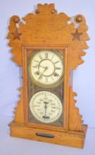 Antique Oak Double Dial Calendar Kitchen Clock