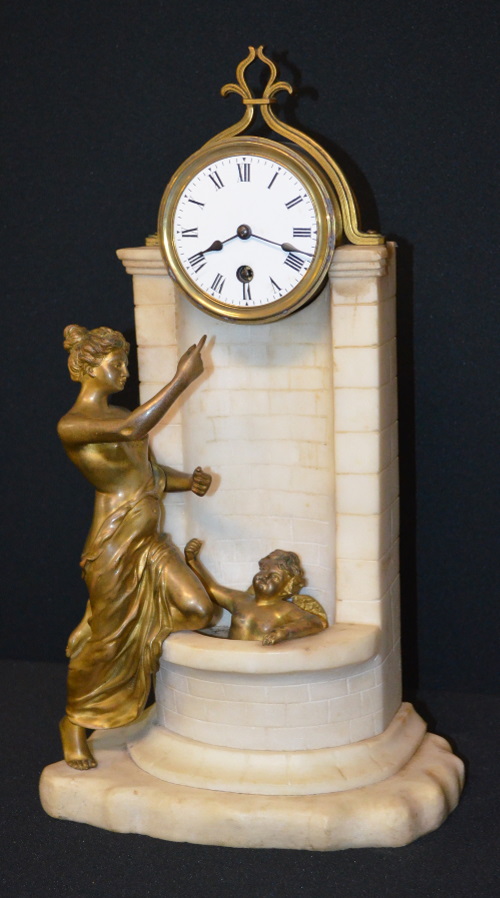 Antique French Alabaster Woman & Cherub at the Well Clock