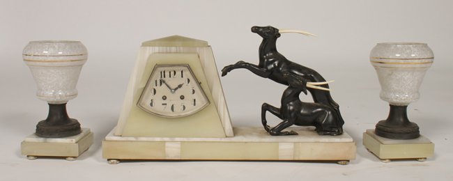 3 PC ART DECO CLOCK SET ONYX CASE GAZELLES C.1920