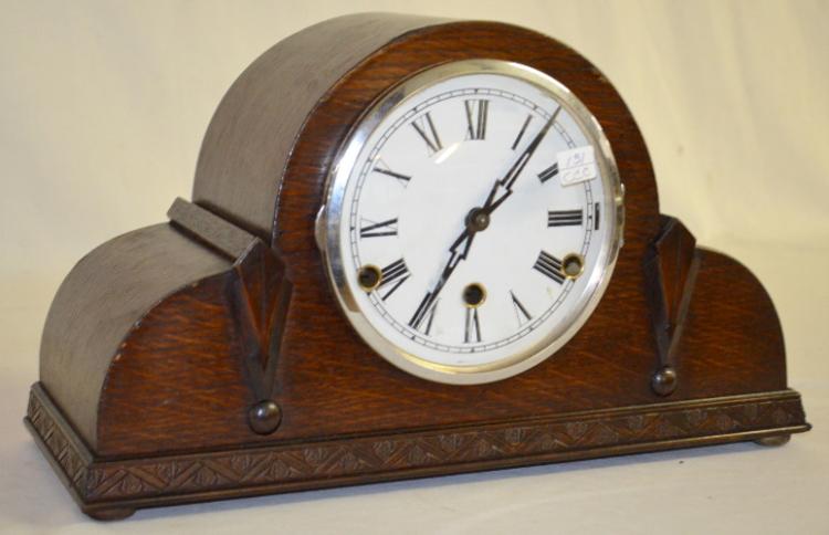 Antique European Oak Veneer Bar Chime Mantel Clock