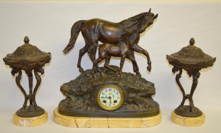 Antique French Horse and Foal Garniture Set