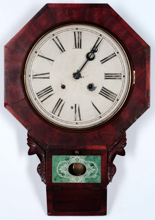 A CIRCA 1840 WATERBURY OCTAGON SHORT DROP WALL CLOCK