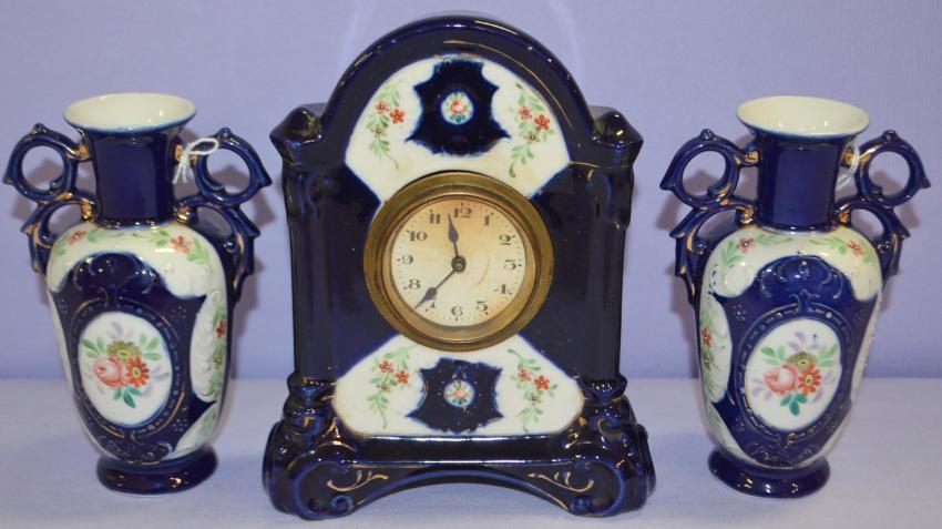 Antique 3 Piece Miniature China Clock Set