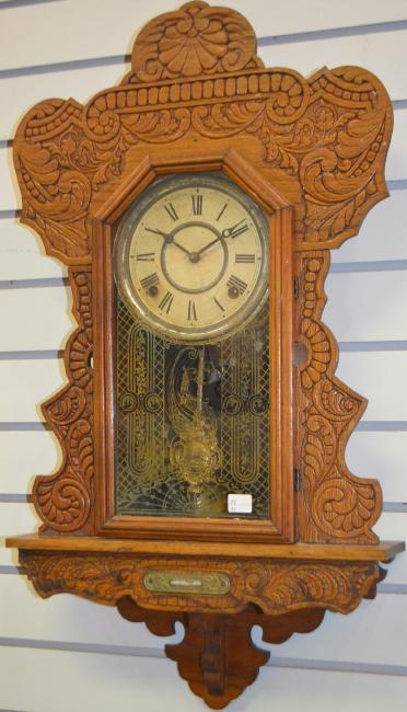 Antique Carved Oak Ingraham Hanging Kitchen Clock