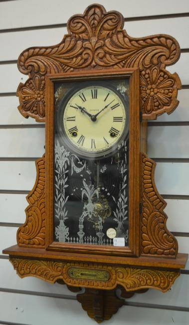 Antique Carved Oak Ingraham Hanging Kitchen Clock